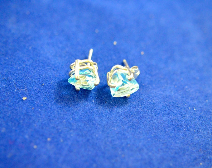 Swiss Blue Topaz Stud Earrings, Large 9mm trillion, Set in Sterling Silver E35