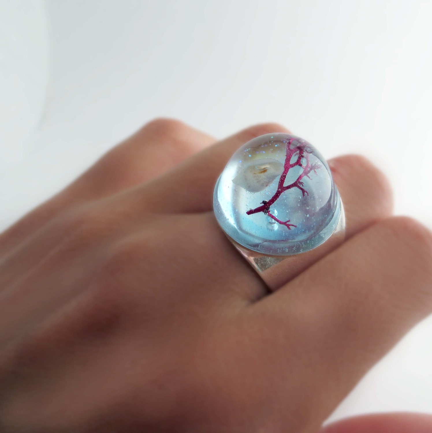 Ocean Ring seashell real seaweed resin turquoise ocean lover