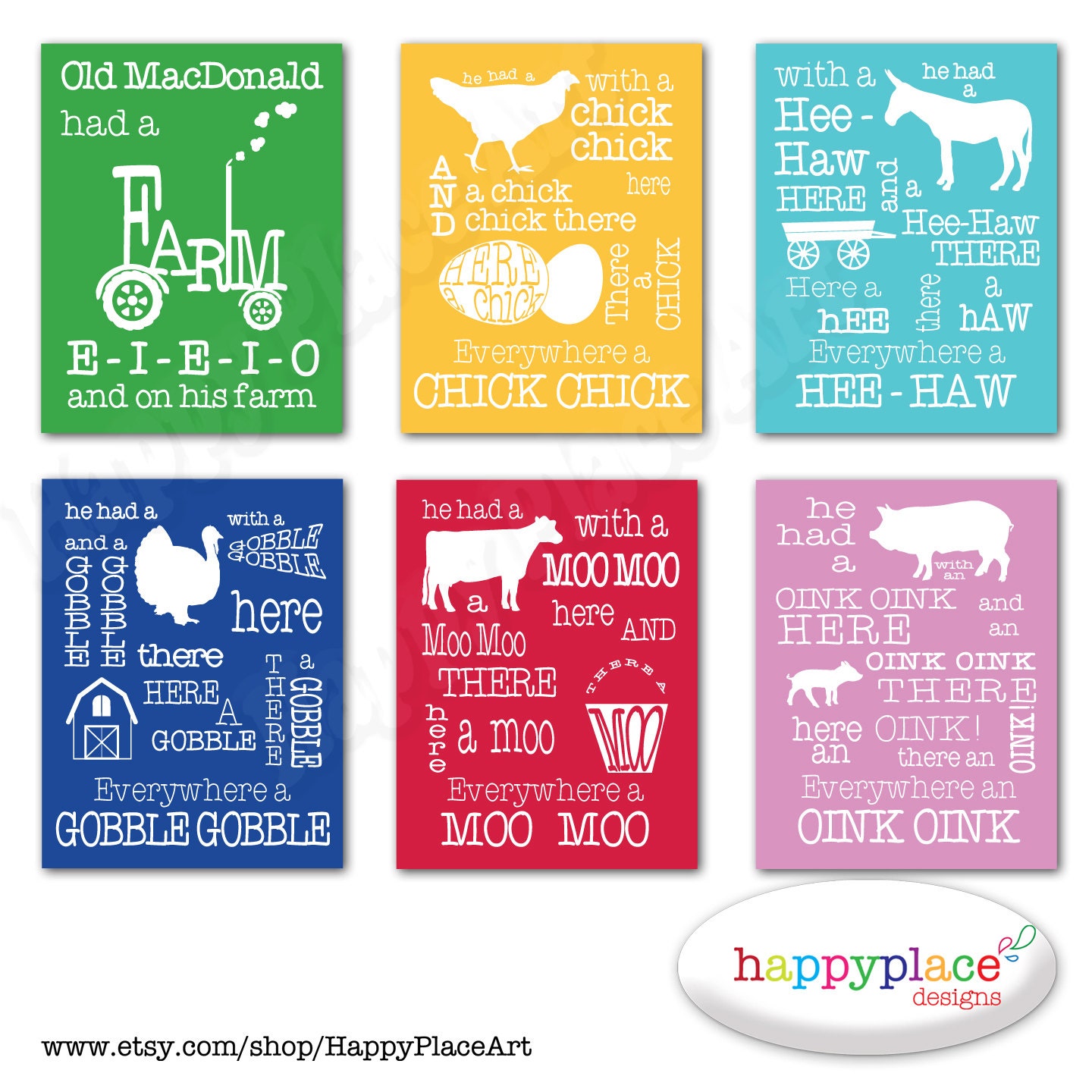 All 6 prints Old MacDonald Nursery Rhyme Wall Art Printable