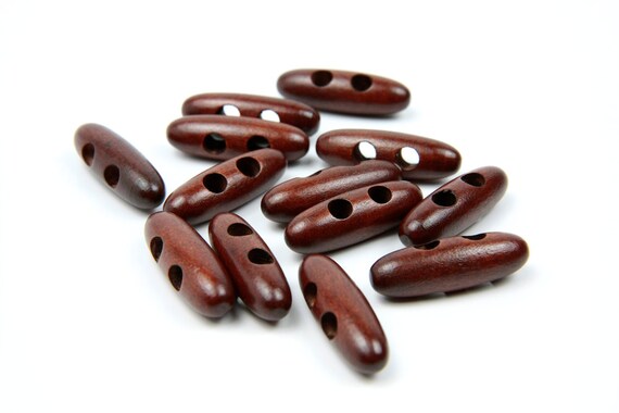 30 Dark Warm Brown Toggle Wood Buttons - Bean / Oval Shaped - 40mm 1.625 inches - 2 holes - 30 pcs