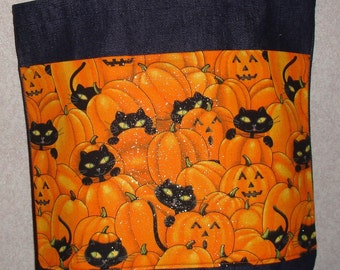 New Medium Handmade Halloween Jack O Lantern Cool Cats Denim tote Bag