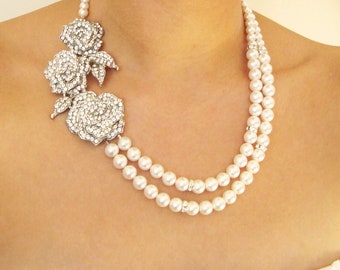 Triple Rose Bridal Necklace, Statement Wedding Jewelry, Wedding Necklace, Swarovski Pearl Bridal Jewelry, Art Deco Weddings, DAMASK ROSE