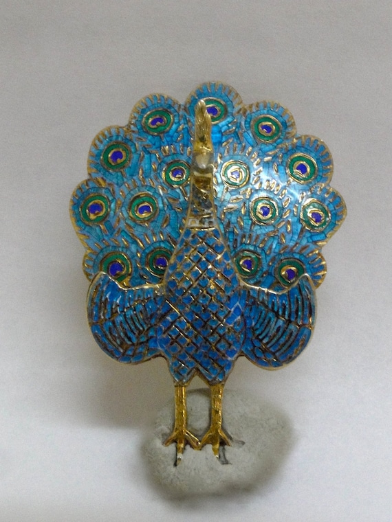 Vintage blue enamel sterling peacock by JewelryOnVintageLane