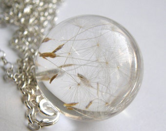 Bridal Dandelion Seeds Resin and Silver Necklace, Small Dandelion Seeds Pendant with a Long Chain