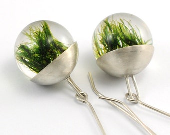 Green Moss Resin Earrings, Silver Cup Earrings, Moss Earrings, Ball Earrings, Resin Earrings