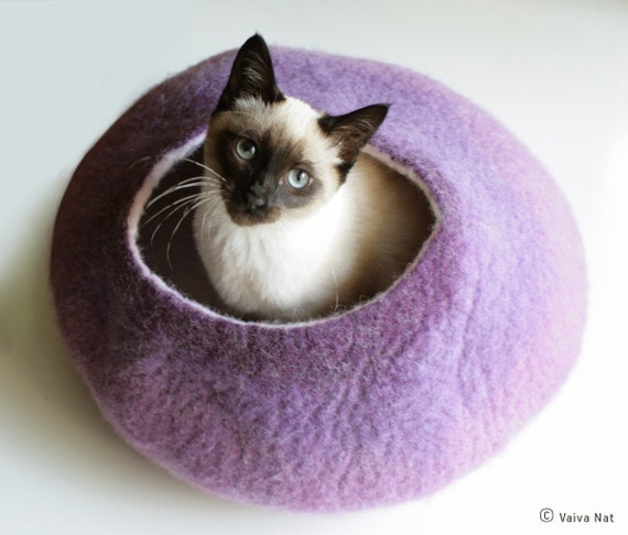 Cat Nap Cocoon / Cave / Bed / House / Vessel - Hand Felted Wool - Crisp Contemporary Design - READY TO SHIP Warm Purple Bubble