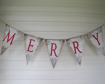 MERRY....Rustic Style White Painted Burlap Banner