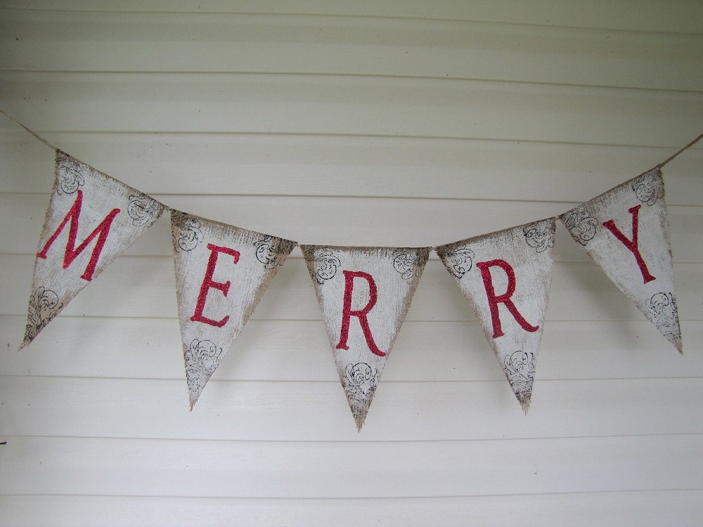 MERRY....Rustic Style White Painted Burlap Banner