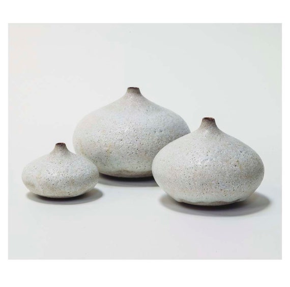 MADE TO ORDER~ Set of 3 Ceramic Droplet Vases in Rustic White Crater Glaze by Sara Paloma. white modern bud vase home decor
