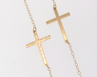 Sideways Cross Necklace, Hammered or Smooth, 14K Gold Filled, Sterling Silver, or Rose Gold Filled, Small And Sleek as Seen on Kelly Ripa