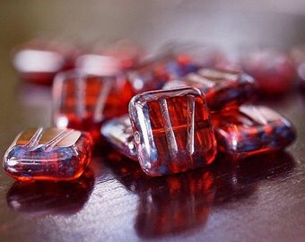 Ember Picasso Czech Glass Bead 10mm Square : 10 pc