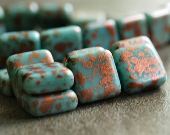 Turquoise Copper Czech Glass Bead 10mm Square : 10 pc Turquoise Square Bead