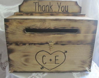 Wedding Card Box Rustic Keepsake Chest Wood burned Stained Personalized Custom Reception Wooden box for cards - Engraved heart and initials