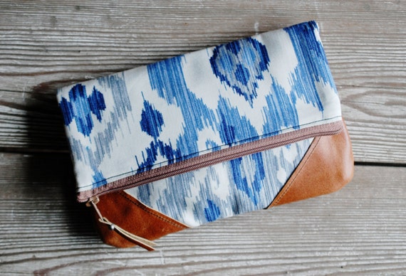 Blue Ikat Leather Fold-over Clutch