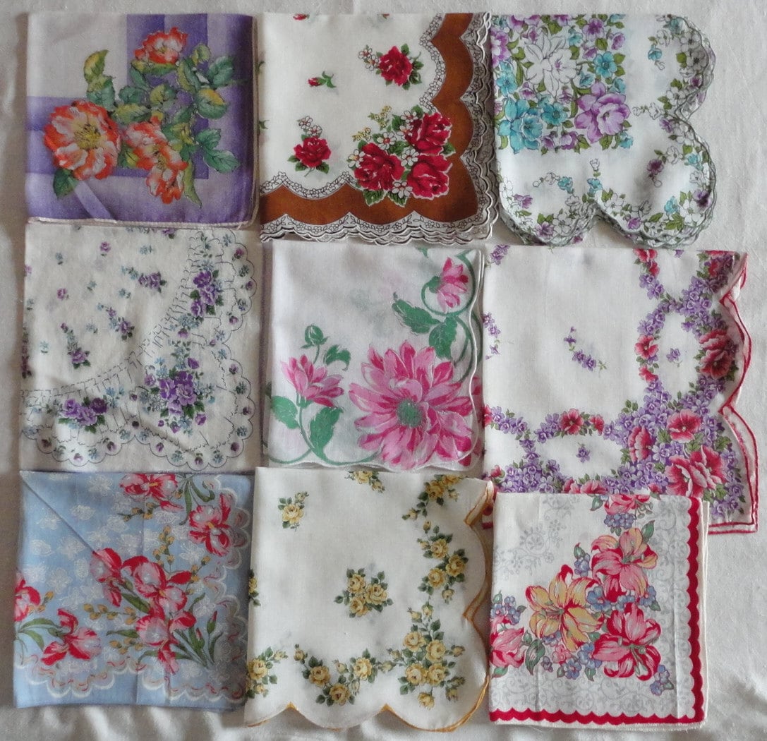Flower Garden of 9 Vintage Handkerchiefs Floral Scalloped Hand