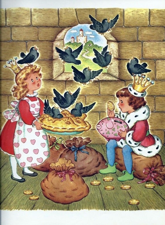 Art Print on Silk Vintage Nursery Rhymes 4 and 20 blackbirds