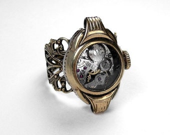 Steampunk Jewelry Ring Vintage Gold Watch Case Ruby Jeweled BULOVA Movement Wedding Anniversary GORGEOUS - Steampunk Jewelry by edmdesigns