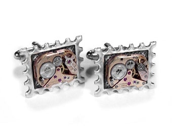 Mens Cufflinks Watch Cuff Links Rose Gold Movements Silver Setting, Wedding Anniversary Groom Fiancee Gift - Steampunk Jewelry by edmdesigns