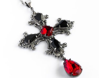 Gothic Cross Necklace Gothic Jewelry Goth Necklace Black Red Swarovski Pendant Womens/Mens Goth Jewellery Medieval Jewelry Pendant