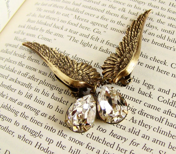 brass angel Wing Ear climbers wedding clip on earrings Steampunk jewelry statement earrings clip-on earrings Swarovski drop earrings by Aranwen steampunk buy now online