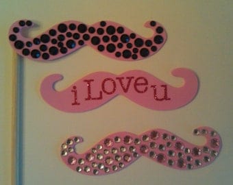 Set of 3 Foam Bedazzled Mustaches on a Stick Photo Booth Props, Jeweled Mustache on Stick Set, I Love You mustaches