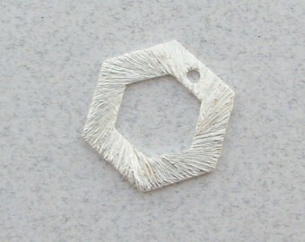 14mm Hexagon Shaped Bali Sterling Silver Brushed Line Texture Charm Pendant Components (2 beads)