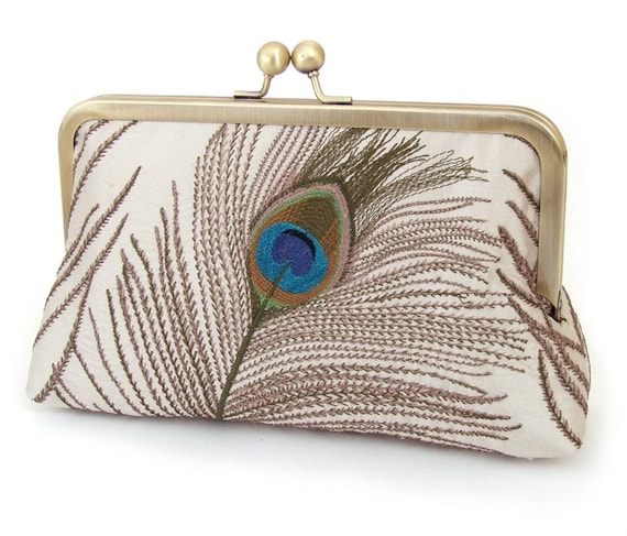 Peacock clutch bag, customized wedding purse, custom bridesmaid gift, embroidered silk, PEACOCK FEATHERS