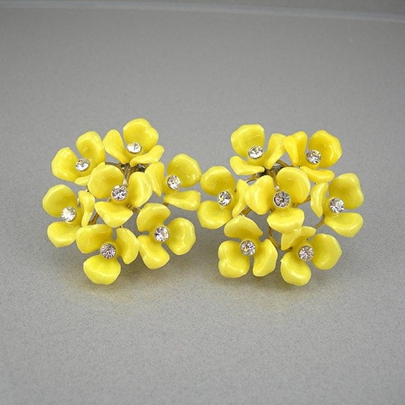 Vintage Yellow Clip Earrings Plastic Flower Cluster Rhinestone