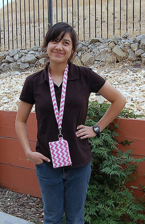Chevron Pink Wallet Zipper Pouch with Removable Lanyard