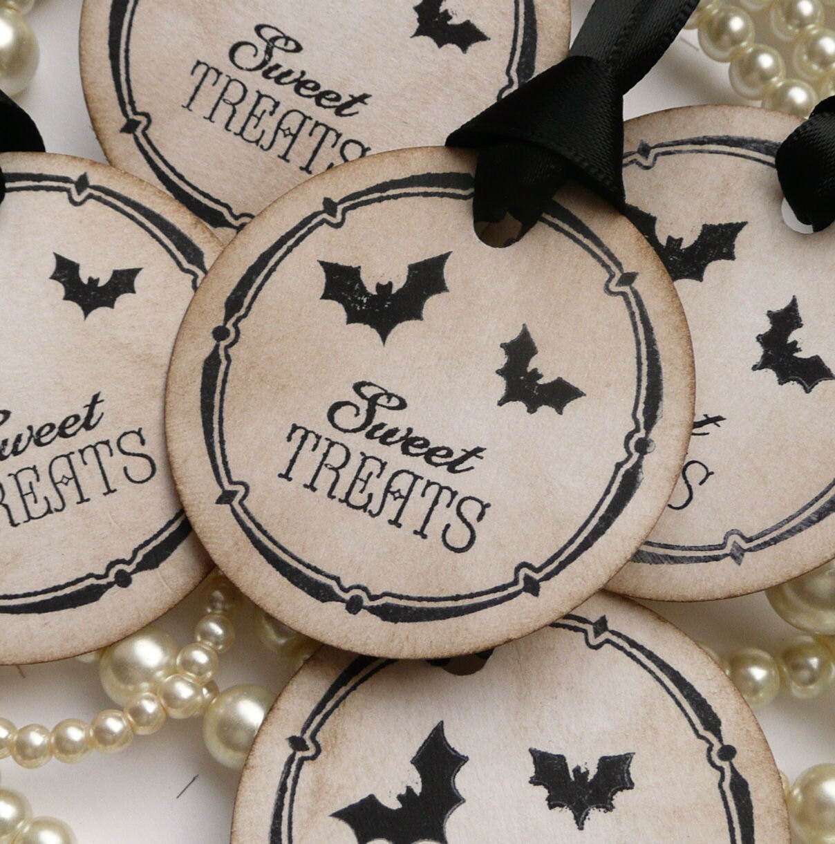 Halloween Tags - Round Favor Labels Vintage Set of 5 - Round Vintage Style Handmade Food Labels