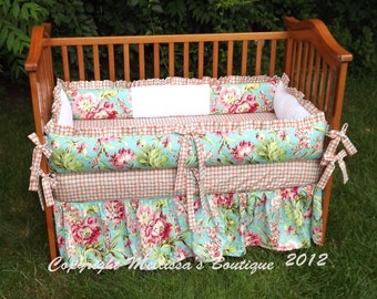 Custom Coral and Aqua/Turquoise Floral Baby Nursery 3-Piece Ruffled Crib Bedding Set made with Designer Fabrics