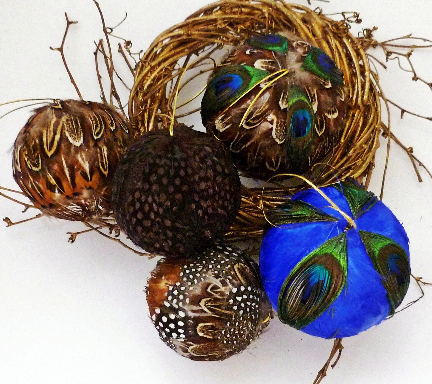 5 Peacock Feather Balls Fall Thanksgiving Christmas Halloween