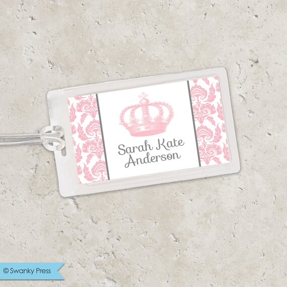 Kids Bag Tag Luggage Tag - Vintage Princess Crown with Damask Il_570xn