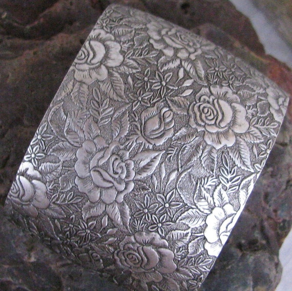 Blank Cuff Bracelet Etched Rose flower Antique Silver 2 inch