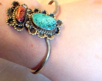 Vintage Navajo Turquoise Bracelet - Sale - Charming And Unusual Native American Silver Bracelet With Large Turquoise and Coral