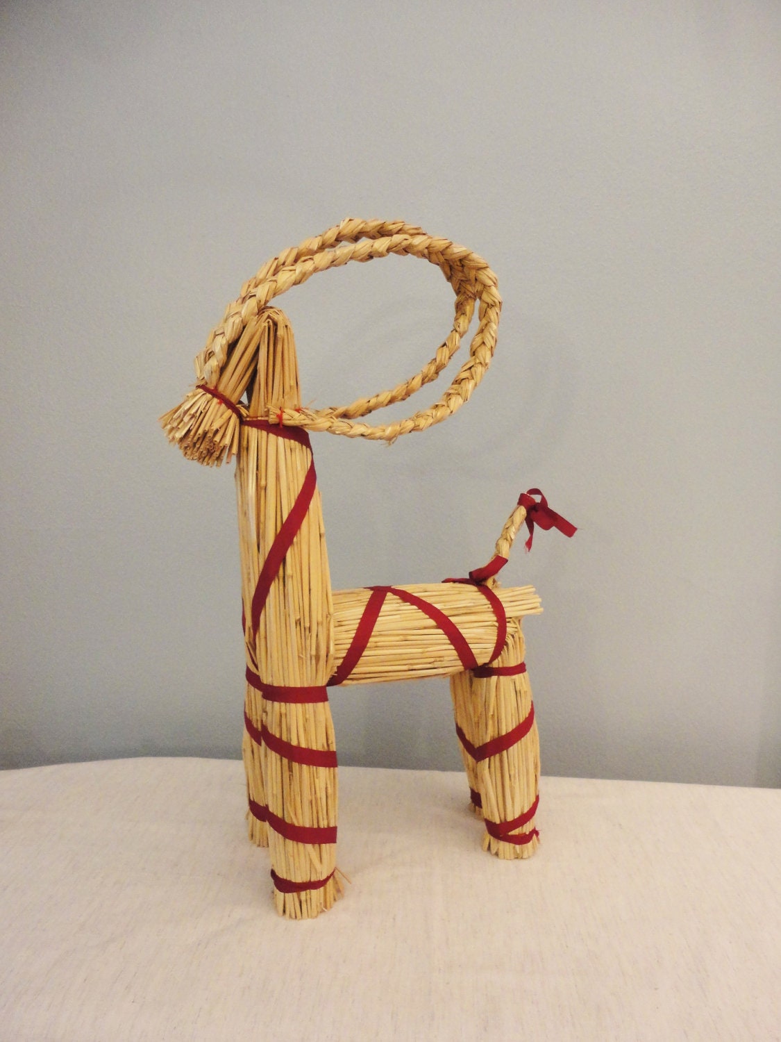 Vintage Straw Swedish Horse with Red Ribbon Detail