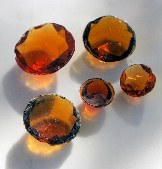 Antique Stained Glass Jewels Faceted Round Dark Amber