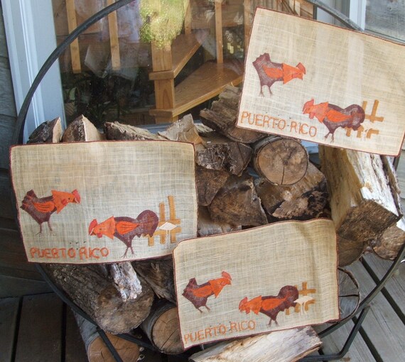 3 Vintage Puerto Rico Souvenir Jute Place mats with roosters