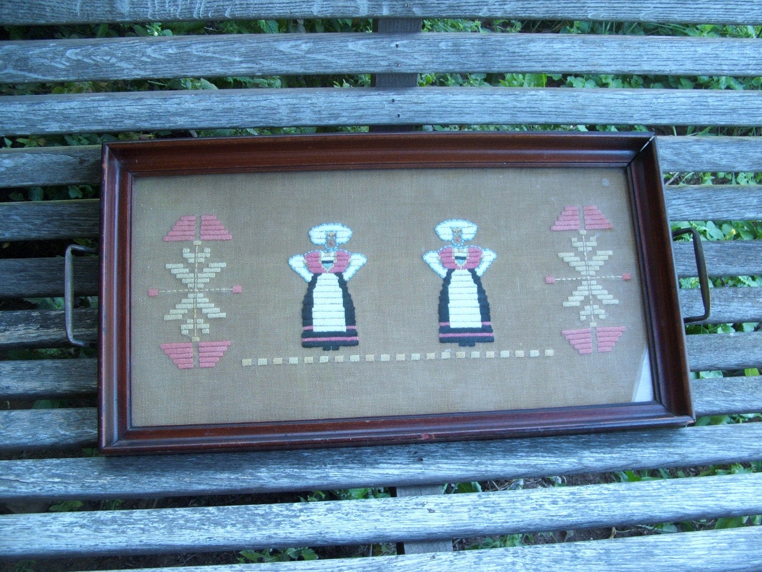 Antique Framed Needlework Tray Wall Hanging by lookonmytreasures