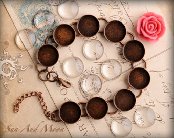 Round Bracelet Blanks with Glass - Choose Your Color- Shiny Silver, Antique Bronze, Vintage Copper, or Gunmetal Bezels with Chain and Clasp