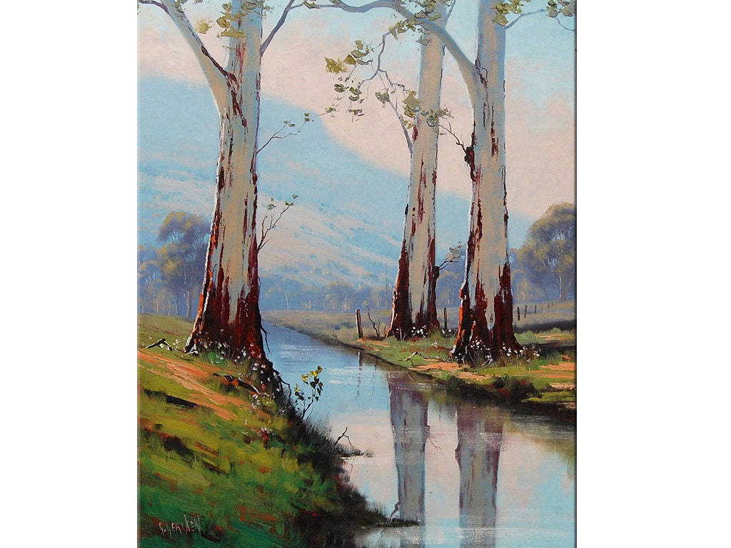 eucalyptus trees Original Oil Painting Trees landscape River