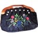 Vintage Needlepoint Purse, Black, Floral Embroidery, Wood Handle