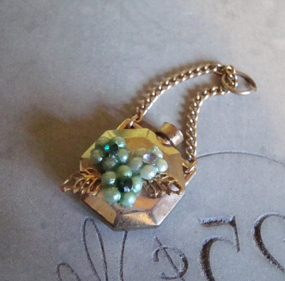 Perfume Bottle Charm . Pretty Upcycled Vintage Pendant with Aqua Rhinestone Flowers