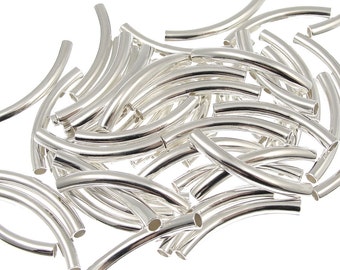 Noodle Beads 26mm x 3.2mm with 2mm inner diameter Silver Plated Curved Tube Beads Silver Tube Beads Silver Noodles (T4)