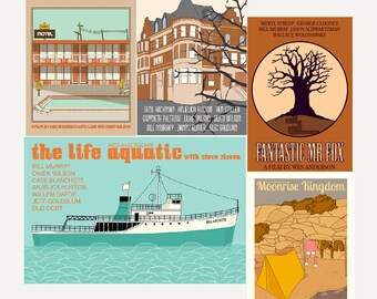 Movie posters Wes Anderson Collection set of FIVE prints in various sizes save 10%