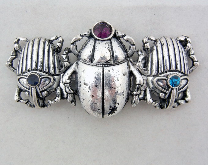 Antique Silver-tone Scarab Trio Slide Charm with Black, Purple and Blue Rhinestones