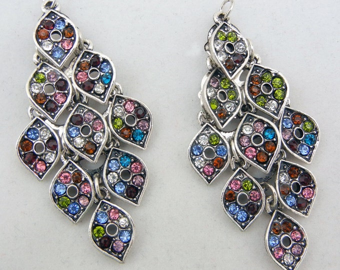 Pair of Antique Silver-tone Chandelier Drop Charms Multi-colored Rhinestones