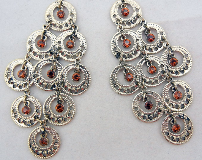 Pair of Antique Gold-tone Circle Drops Topaz Rhinestones