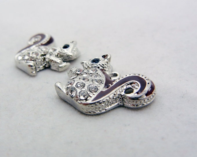 Pair of Small Rhinestone and Brown Epoxy Chipmunk Squirrel Charms Silver-tone