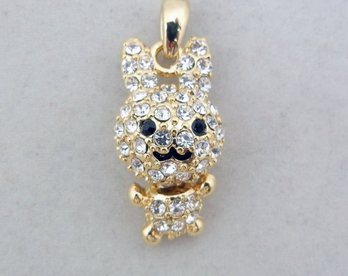 Gold-tone Dimensional Happy Rabbit Pendant Rhinestone Encrusted